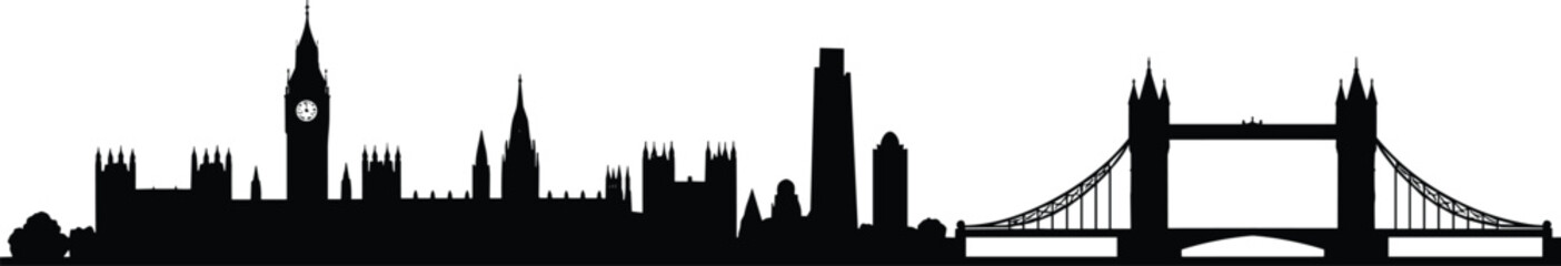 London skyline silhouette vector illustration, featuring Big Ben, Tower Bridge, UK architecture, historical buildings, famous landmarks, black cityscape design for tourism and editorial use © Biplob Creatives