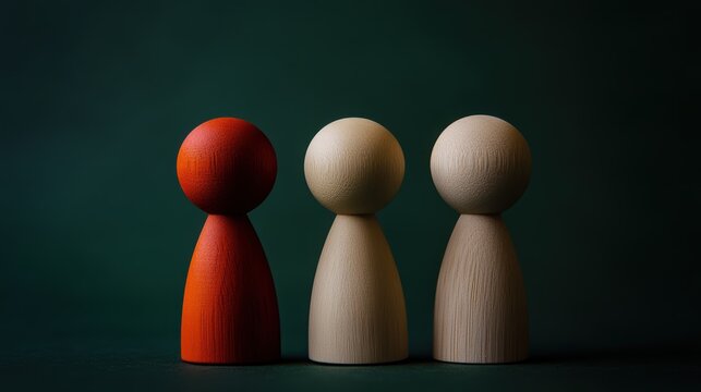 Three wooden peg dolls in artistic arrangement on dark background, symbolizing diversity, teamwork, and creativity in design and art concepts.