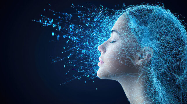Digital human head with data flow innovation technology artificial intelligence futuristic blue abstract network