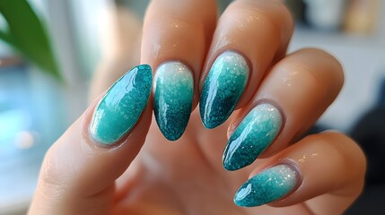 Nails painted in shades of blue and green to represen