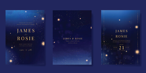 Luxury invitation card design vector set. Elegant wedding card with little star, moon, sun and space decorative on watercolor navy blue background. Design illustration for cover, poster, gala.