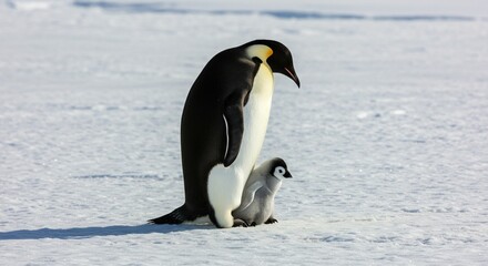 Obraz premium Emperor penguin and chick on snow