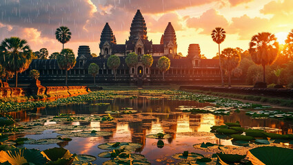 Majestic angkor wat temple reflecting in tranquil lake under dramatic sunset skies and rainfall