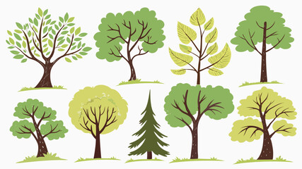 Flat Design Tree Collection – Stylized Deciduous and Coniferous Trees in Vibrant Colors