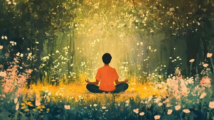 Person meditating on a stone path surrounded by bambo trees