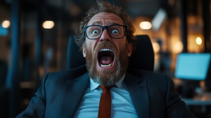 Fototapeta premium An office worker expresses sheer surprise and disbelief while seated at his desk, capturing the raw emotions of shock and astonishment in a professional environment.