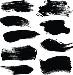 Silhouette icon set of nine bold black brush strokes with varied textures and shapes in a clean 3x3 grid on white background