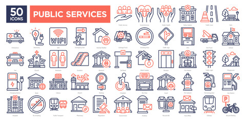 Public services icons collection set, including transportation, healthcare, safety, utilities, and government facilities. Ideal for maps, infographics, and urban planning designs.