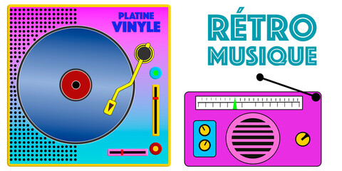 Obraz premium rétro musique, platine vinyle, radio, pop art, PNG fond transparent