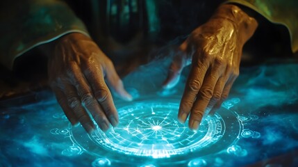 Person with hands on natal chart