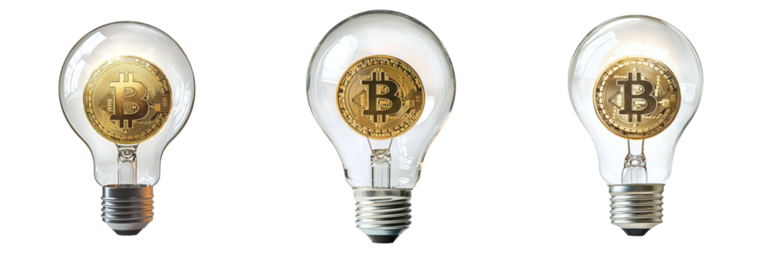 Light bulb with bitcoin inside isolated on transparent background, PNG set
