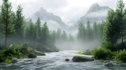 Realistic 3D scene of a mountain range with fog trees