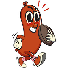 Cheerful sausage cartoon mascot playing rugby or american football, fun meat snack character illustration, isolated high-quality vector perfect for branding and design use, work of hand drawn