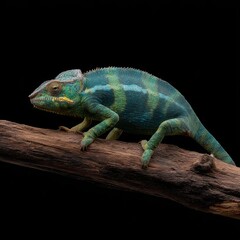 Fototapeta premium A chameleon with green and white coloration is sitting on a branch made of wood