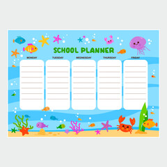 Sea animals school subject planner for kids. Cute underwater schedule, weekly sea floor and ocean theme timetable for children. Colorful fish calendar planner and scrapbook. Vector illustration