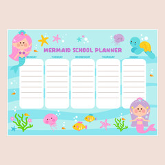 Mermaid school subject planner for kids. Cute mermaid princess girl schedule, weekly sea and ocean theme timetable for children. Mermaid calendar planner and scrapbook. Vector illustration
