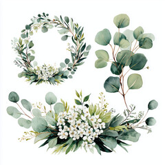 Obraz premium Delicate Floral Wreath and Bouquet Watercolor Art , isolated on white background png