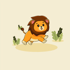 Lion happy running illustration in nature icon vector