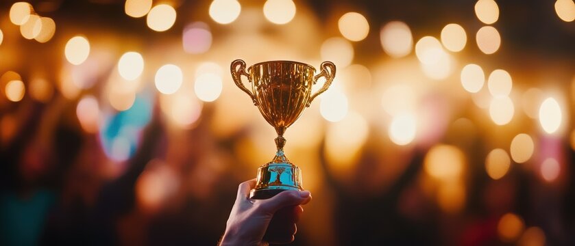 Trophy being held up in celebration with crowd cheering, illuminated background, achievement recognition, awards ceremony, success moment, victory celebration.