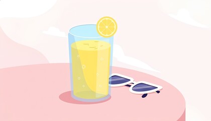Glass of lemonade wearing sunglasses on pink table under sky
