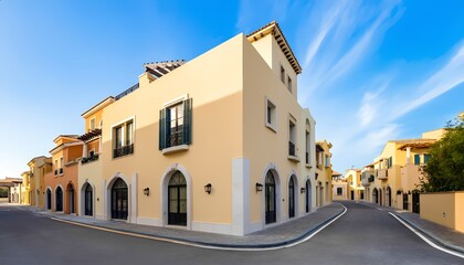 Fototapeta premium Mediterranean-style buildings line a sunny, peaceful urban street corner