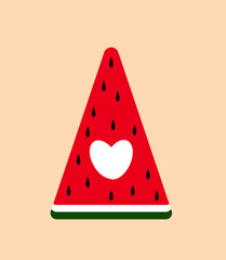 a red piece of watermelon with a white heart on a light background,