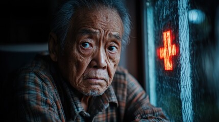 An elderly man gazes pensively out the window, capturing a contemplative mood that reflects deep emotional experiences and the passage of time. The rain adds to the ambiance.