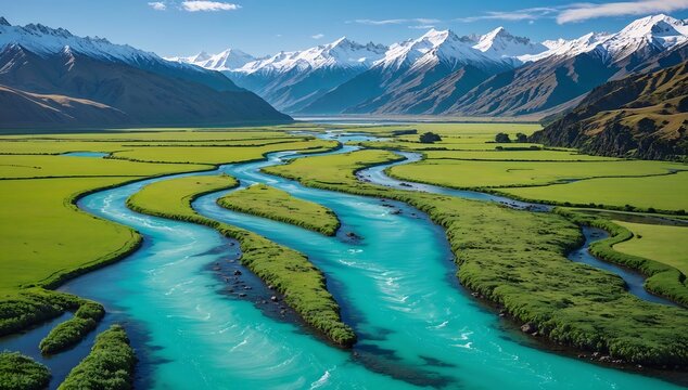 A crystal-clear turquoise river winding through a vibrant emerald green valley, snow-capped peaks in distance, New Zealand, 8K resolution.