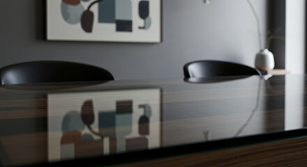 Sleek Modern Dining Table with Glass Top Reflecting Abstract Art