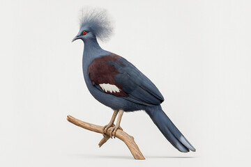 Obraz premium Exotic blue crested bird with red eyes perched on dry wooden branch close up.