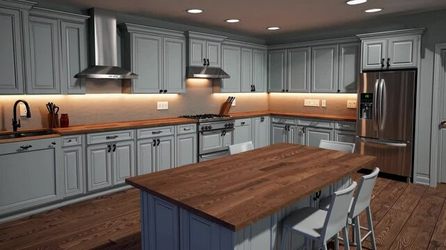 Modern kitchen transforming from architectural blueprint sketch to fully realized modern interior with marble island, cabinetry and wood flooring, concept of home renovation, remodeling and real estat