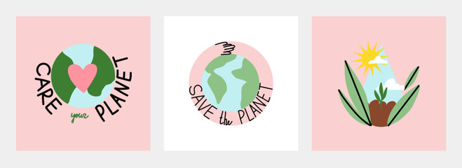 Save planet. Earth environmental care. Icon or sticker collection. green energy, stop pollution, reuse and recycled. Eco friendly, ecology elements. Vector cartoon flat style isolated illustration set