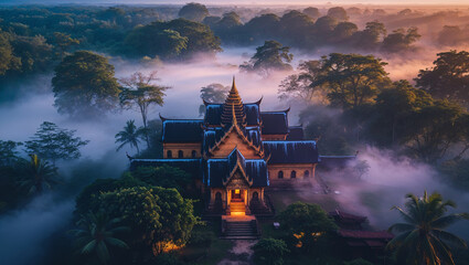 Obraz premium Mystical temple nestled amongst misty forests and verdant greenery under atmospheric dawn light