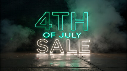 Neon sign announces a fourth of july sale surrounded by smoke in a dark setting