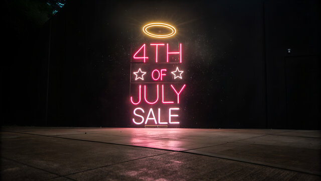 Neon fourth of july sale sign glows brightly against a dark wall with a halo - Powered by Adobe