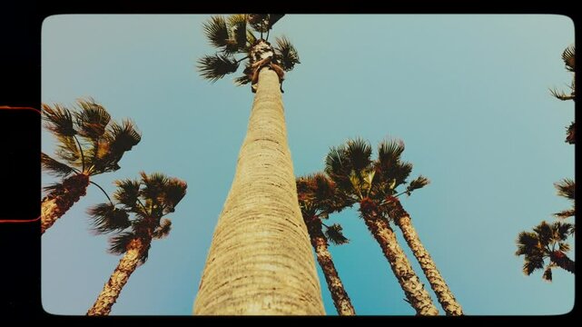 Vintage retro film frame, palm trees in blue sky with dust noise and 8mm sprocket