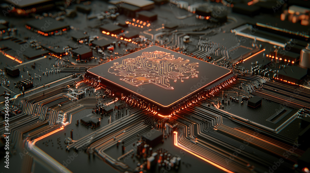 Poster Futuristic microchip with glowing brain circuit, artificial intelligence, technology innovation, digital network