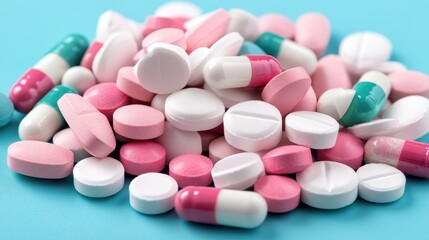 An eye-catching array of vibrant pills and capsules is displayed on a bright background, representing health, wellness, and the complexity of modern medicine.