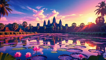 Scenic sunset over angkor wat temple with lotus flowers and palm trees reflected in water