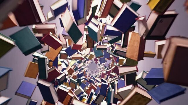 Exploding tunnel of flying books spinning into vortex, concept of knowledge explosion, digital library access, education, learning content transition, and creative publishing visual