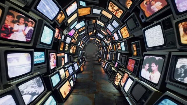 Vintage TV tunnel made of stacked retro televisions playing media clips, concept of nostalgia, mass media overload, broadcast history, multimedia visual art installation, retrofuturist retrofuturism