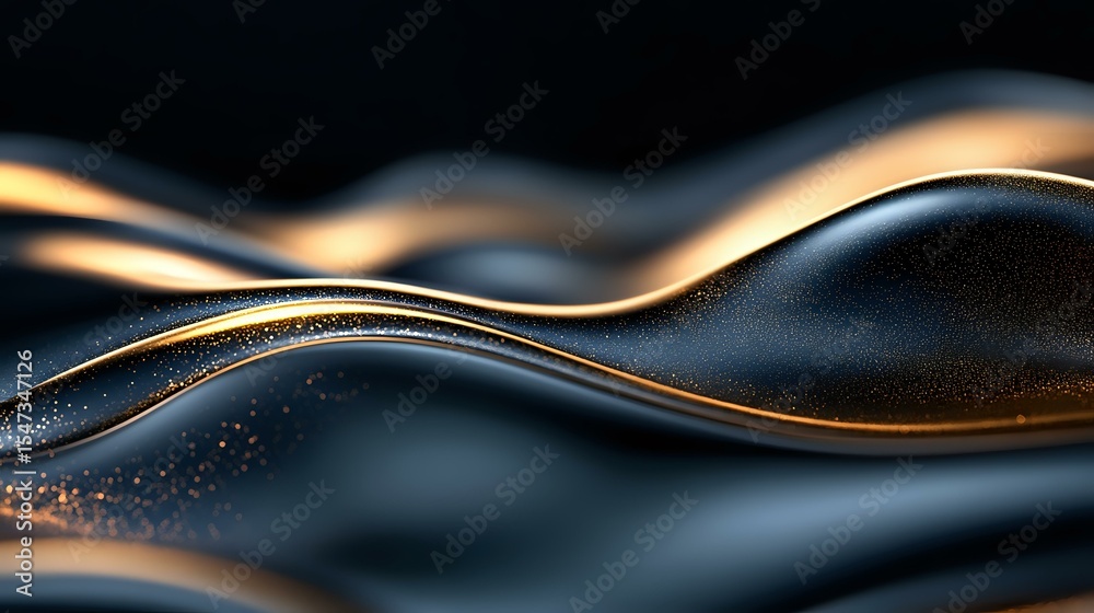 Poster smooth flowing waves in dark metallic texture with golden light highlights creating abstract luxury 