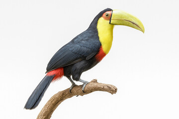 Fototapeta premium Colorful toucan bird with large yellow beak perched on curved branch against white background.