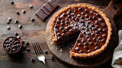 Rich chocolate tart topped with dark chocolate chips and sea salt on rustic wooden board, missing slice reveals dense ganache filling and buttery crust.