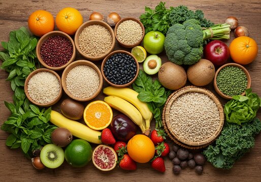 Assortment of fresh fruits vegetables and grains