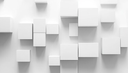Obraz premium Abstract geometric pattern of many white cubes. A 3D arrangement of various sized cubes on a white background. Depth and texture created by overlapping forms