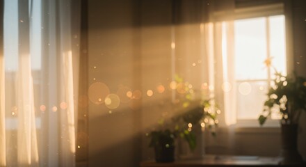 Sunlit Room with Sheer Curtains and Plants, Golden Hour Glow