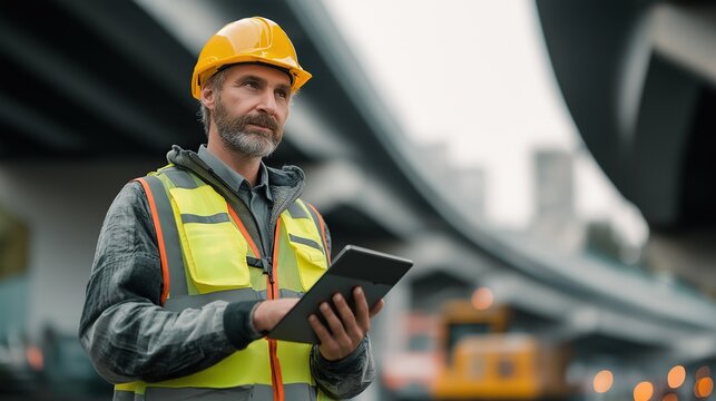 Tech-savvy construction worker in high-vis vest using tablet for live video stream on-site with highway bridge blurred in background, showcasing digital integration in modern infrastructure projects