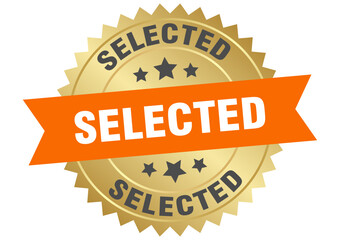 selected. selected round orange and gold label isolated on transparent background