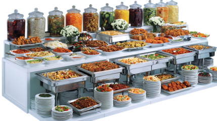 Extensive buffet table with various dishes and jars isolated on transparent background